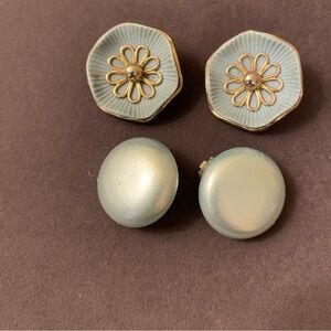 Vintage Pale Blue/Cream Floral Gold Trim Clip-On Earrings Duo